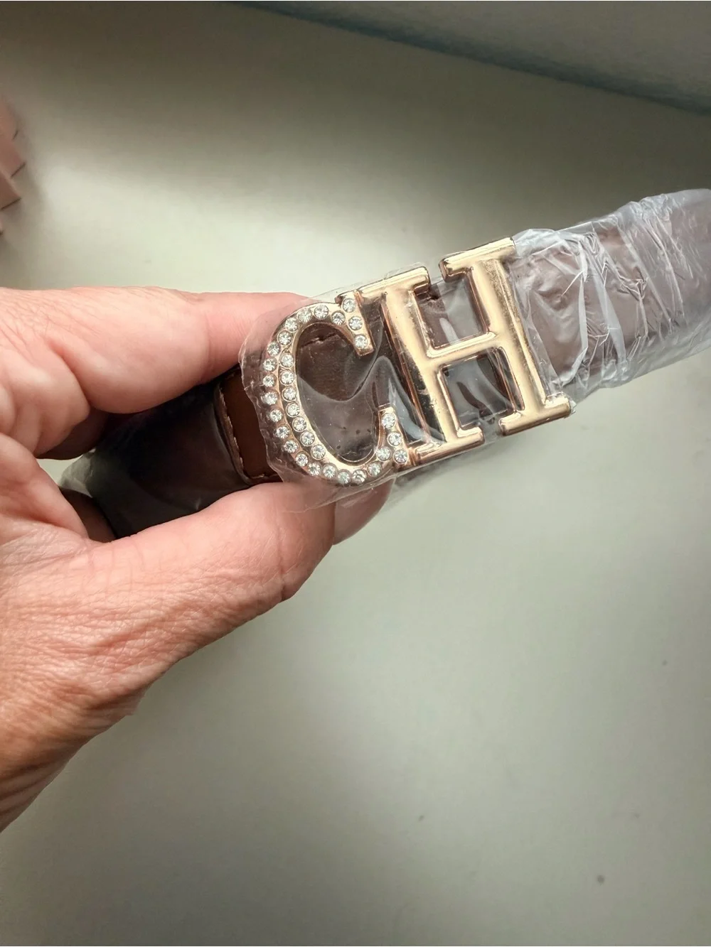 New CH Crystal-Embellished Brown Leather Belt for women size XL(110CM)